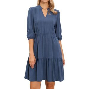 Women Linen Dress 3/4 Sleeve V Neck A Line Flowy Tiered Dress Navy Blue